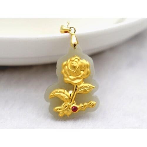 Natural Hetian Jade 100% 24k Gold Necklace Pendants Hand Carved No Allergies Flower Love For Couple Lovers Women Girls Female