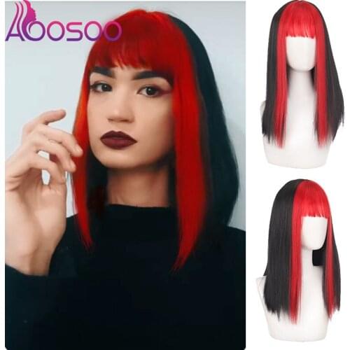 AOOSOO Long Straight Hair Wig Bob Hairstyle with Bangs Black Red Highlight Color Fashion Wig for White Women