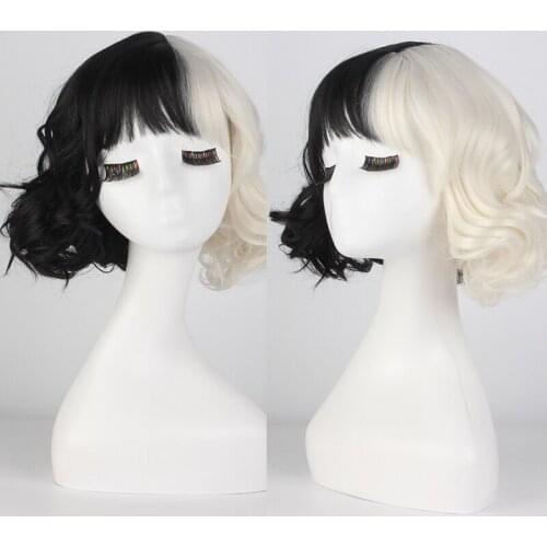 Cruella Cosplay Wig De Vil Kuila Half Black Half White Short Curly Wig Heat Resistant Synthetic Wigs Party Halloween Wig