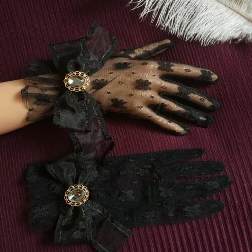 Lolita Gloves Sleeve Bow Pearl Lace Gloves Gorgeous Elegant Tea Hand Cuff Photo Shoot Summer