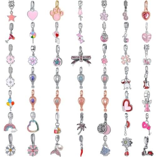 New Fashion Charm Original Pink Series Flower Candy Bow Love Heart Pendant Fits Original Pandora Lady Bracelet Jewelry Gift
