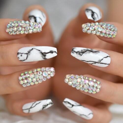 Designed Artifical Nail Tips Long Marble Style Coffin Fake Nail White Color Black Pattern With Rhinestones 24 pcs