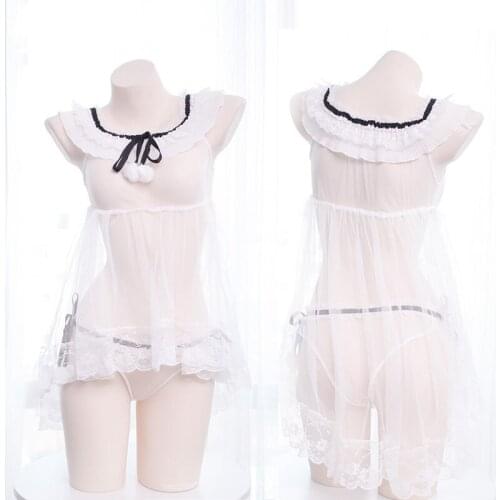 Sexy Womens Transparent Mesh Dress Sleepdress with Panties Fur Ball Pendant See-throught Cute Exotic Apparel Color White