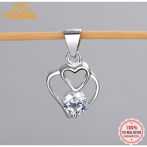 TrustDavis Real 925 Sterling Silver Personality Hollow Double Heart CZ Charm Pendant Handmade DIY Accessories Fine Jewelry HY201