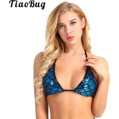 TiaoBug Shiny Metallic Mermaid Fish Scale Printed Halter Tie Up Bralette Women Sexy Bra Bikini Tops Festival Rave Beach Swimwear