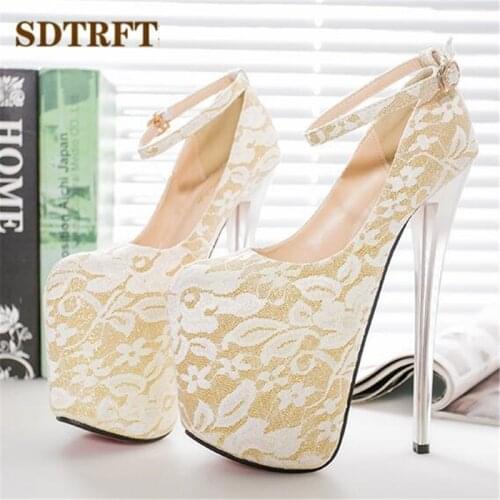 SDTRFT ladies Platform Shoes woman 20cm Thin high heels zapatos mujer Round Toe feminino Stiletto wedding LACE Cosplay Pumps