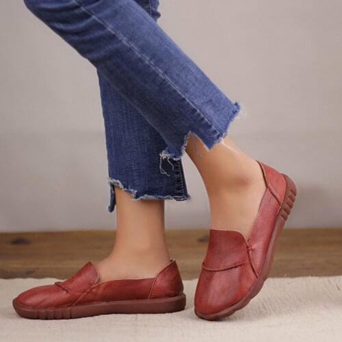 Women Genuine Leather Shoes Woman Flat Flexible Slip On Flat shoes Round Toe soft Retro Casual Office & Career shoes for women