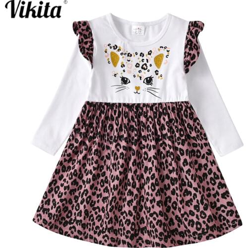 VIKITA Girls Autumn Spring Leopard Clothes Kids Cotton Long Sleeve Dress Toddlers Cat Cartoon Dresses Girls Leopard Print Dress