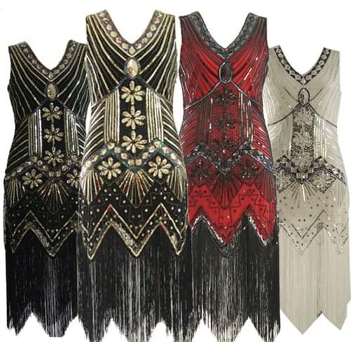 1920s Vintage Flapper Great Gatsby Party Dress V-Neck Sleeveless Sequin Beaded style Style Tassel Flapper Vestidos Feminina 1920