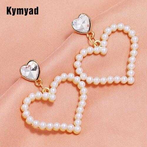 Kymyad Simulated Pearl Stud Earrings For Women Bijoux Femme Heart Shaped Costume Jewelry For Women Crystal Earrings 2021