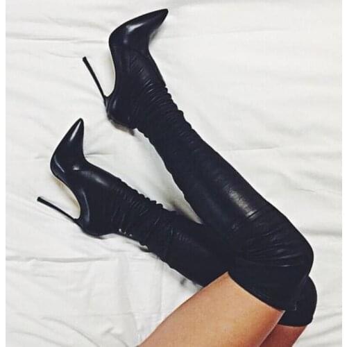 Sexy Black Leather Over The Knee Boots Women Pointed Toe Thin Metal Heels Tight High Slim Fit Long Boots High Heel Dress Shoes