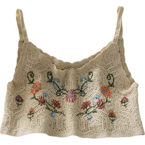 H9ED Women Spaghetti Strap Crop Top Beach Holiday Floral Crochet Boho Camisole Vest