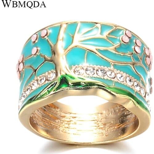 Wbmqd Hot Lucky Flower Tree Rings Fashion Gold Pink Opal Green Enamel Wide Ring For woman Party Crystal Vintage Jewelry 2020 New