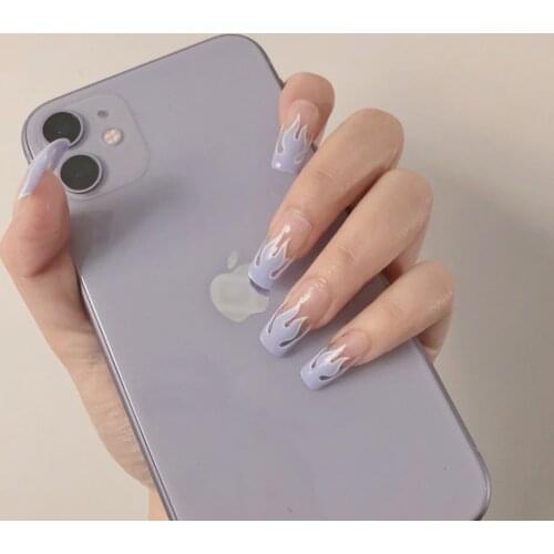 24pcs Light Blue Flame Fake Nails Full cover Fake Nails Glue DIY Manicure Nail Art Tools