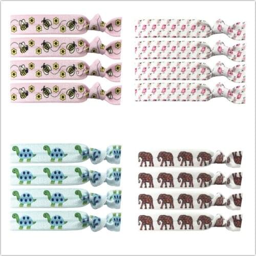 4 Colors 40pcs Bee Chicken Tortoise Elephant Prints Elastic Hair Band Knotted Hair Tie Bracelet Bangle Ponytail Hair Accessories