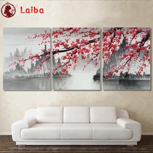 5D DIY Diamond Painting Plum Blossom River View cross stitch full square/round diamond embroidery mosaic painting artwork3pcs