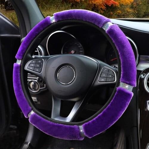 Bling Crystal Diamond Plush Car Steering Wheel Cover 37-38cm Soft Fluffy Fleece Steering Decor Case Cover Interior Accessories