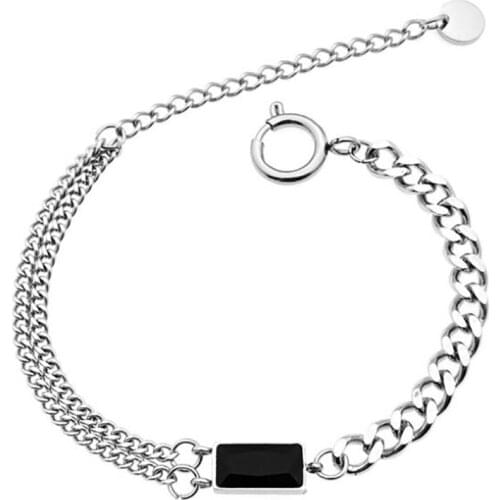 Stainless Steel Hip Hop Black Rectangle Stone Cuban Chain Bracelet Bangle Jewelry Gift For Him