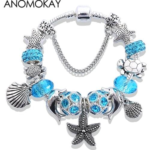 Silver Color Ocean Starfish Shell Charm Bracelets Blue Crystal Dolphin Hug Ball Bead Bracelet for Fashion Birthday Gift