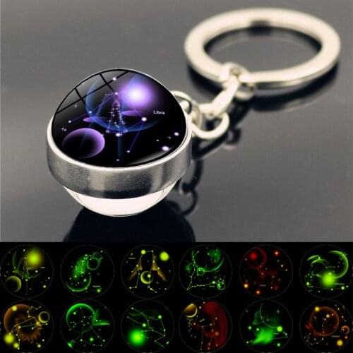 Twelve Constellation Keychain Time Gem Stone Glowing In The Dark Luminous Glass Ball Pendant Metal Key Chain Gifts For Birthday