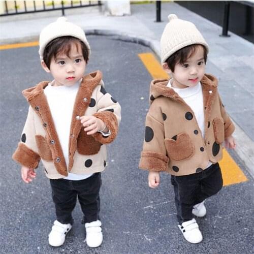 Kids Girls Boys Hooded Jacket Long Sleeve Suede Jackets Warm Cozy Button Up Polka Dots Fleece Coat Winter Outwear
