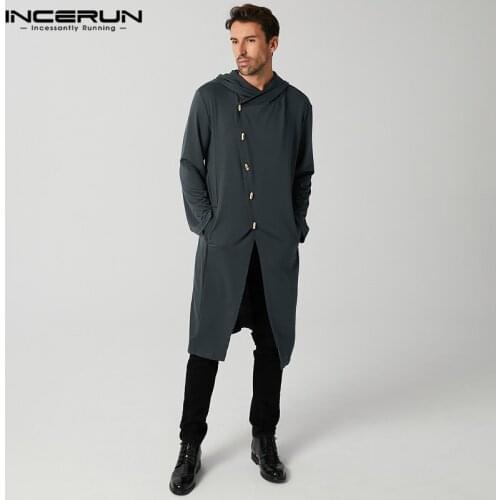 INCERUN Men Muslim Shirts Solid Color Long Sleeve Hooded Button Irregular Outerwear Vintage Men Islamic Arabic Kaftan Tops S-5XL
