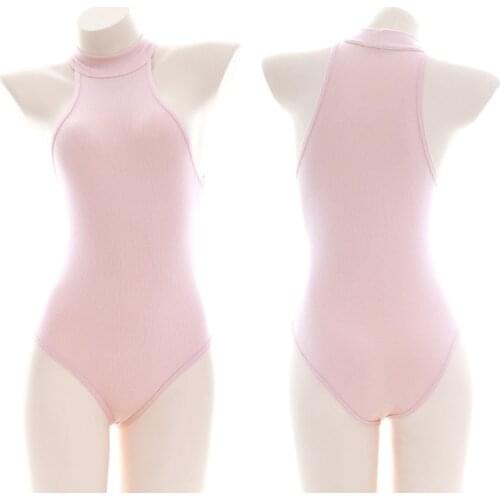 Cosplay Sleeveless Side Zipper Hight Collar Sexy Pink Slim Knitted Jumpsuits Sweater Sukumizu Pajamas Women Underwear Homewear