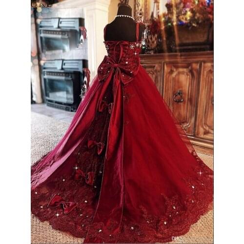 Red Flower Girl Dress Spaghetti Rhinestone Applique Wedding Party Tulle Ball Gown Sleeveless Floor Length Princess Girl Dresses