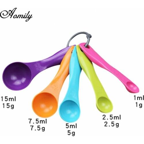 Aomily 5pcs/Set Colorful Coffee Measuring Spoons Plastic (1/2.5/5/7.5/15ml) Spoon Super Useful Sugar Coffee Cake Baking Spoon