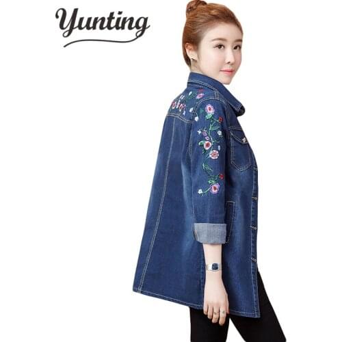 Plus Size 3XL Floral Women Denim Coat Embroidery Basic Ladies Jean Jacket Slim Flower Outwear Jackets 2021 New
