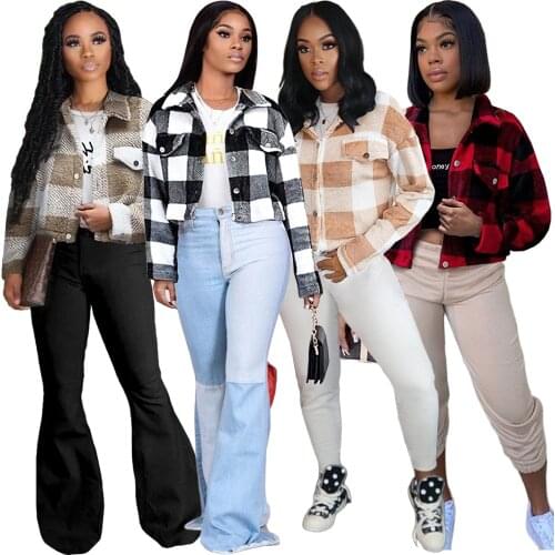 Winter Teddy Women Plaid Jacket Long Sleeve Turn Down Collar Short Coat Vintage Pockets Oversized Casual Loose Street Outerwear