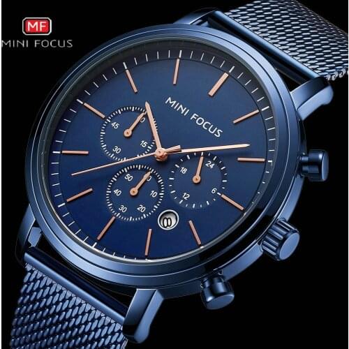 MINIFOCUS Fashion Blue Men Quartz Watch Waterproof Ultra Thin Stainless Steel Mesh Strap Military Mens Watches Top Brand Luxury