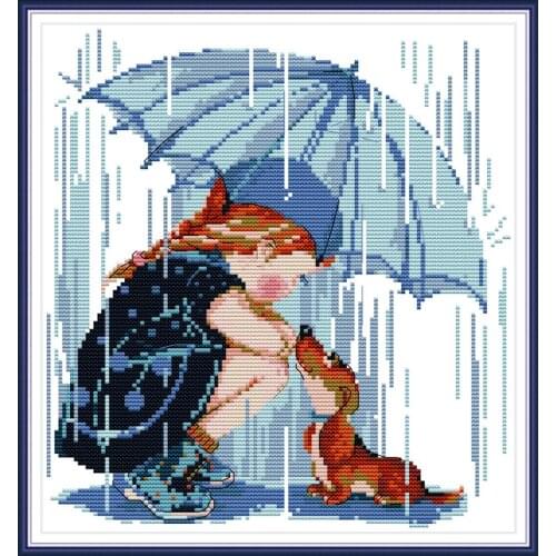 HH Girls and dog in the rain cross stitch kit aida 14ct 11ct count print canvas cross stitches needlework embroidery RA244