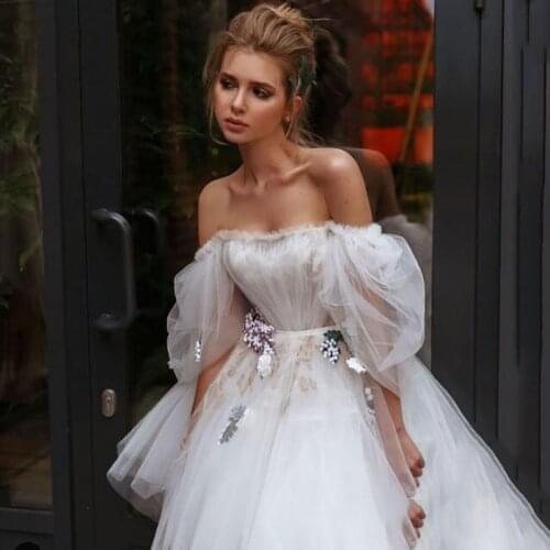 2021 New Design Prom Dresses Puff Tulle 3D Flowers Evening Party Gowns Knee Length Off Shoulder Backless Vestidos De Fiesta