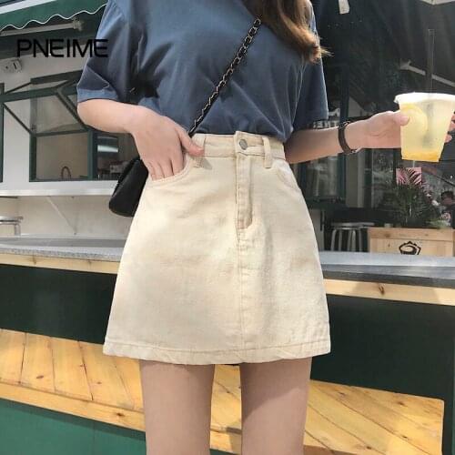 PNEIME New Woman Fashion High Waist Denim Skirt Summer A-Line Single Button Slim Mini Skirt Woman Cute Sweet Solid Color Skirt