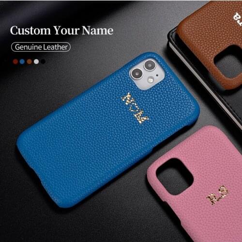 Personalization Custom Pebble Grain Leather Gold Silver Initial Name For iPhone 12 11 Pro X XR XS Max 7 7Plus 8 8Plus Phone Case