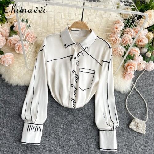 Shirt Womens Design Graffiti Line Printed Long Sleeve Blouse Graceful Womens Shirt Spring Clothing Top
