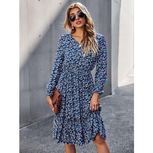 Floral Dress Ruffle Cooton V Neck Long Sleeve Slim 2021 Spring Mini Ladies Dress Elegant Vintage Party Boho Beach Women Dress