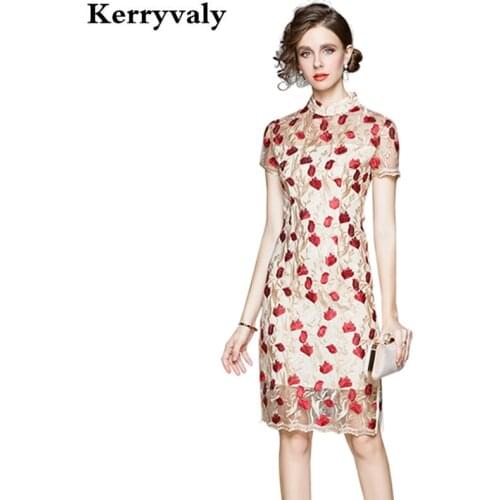 Retro Chinese-Style Cheongsam Frog Mesh Embroided Dress Zomerjurk Dames 2021 Stand Collar Bodycon Night Party Dress KA323