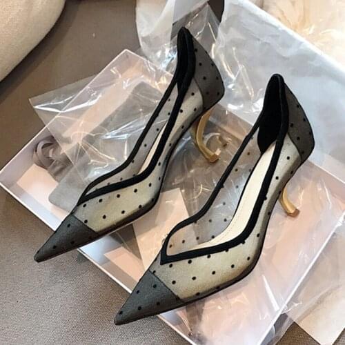 2021New Pointed Toe Women Pumps Mesh Lace Polka Dot Cat High Heels Shoes Women Shallow Sexy femmes chaussures zapatos de mujer