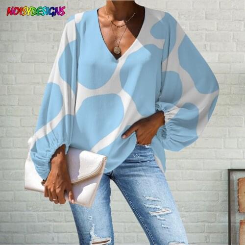 WHEREISART Blouse Women Plus Size Blue Cow Prints Shirts Fashion Long Sleeve Tops Chiffon Blouse Loose Tops Shirts Female Mujer