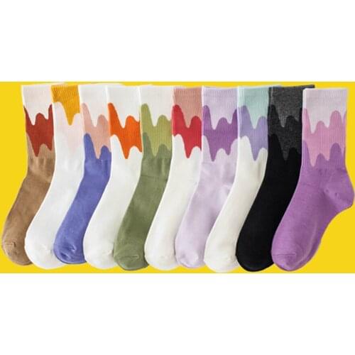Woman Cotton Socks Milk Patchwork Color Black White Purple Green Blue Casual Funny Happy Pattern Crew Style