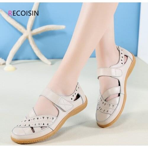 RECOISIN 2021 New Summer Women Sandals Ankle Hollow Round Toe Sandalias Women Soft Beach Sole Women Flats Shoes zapatos de mujer