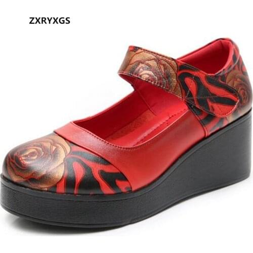 2020 New Spring Top Cowhide Flowers Retro Women High Heel Shoes Wedges Comfort Casual Fashion Shoes Women Genuine Leather Shoes