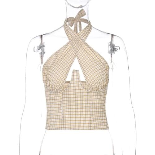 Women Casual Sexy Vest Plaid Printed V-neck Tie Up Off-the-shoulder Tops Girls Summer Backless Camis Black/ Yellow