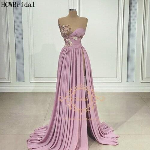 Sexy Pink 2021 Evening Dress With Slit Appliques Chiffon A Line Women Formal Dresses Long Evening Gown Vestido De Festa