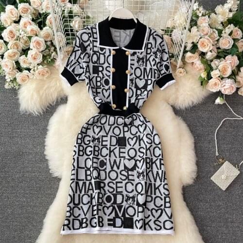 French Temperament Retro Knitted Dress Female Summer Port Chic Light Cooked Wind Waist Was Thinner Polo Collar A-line Skirt