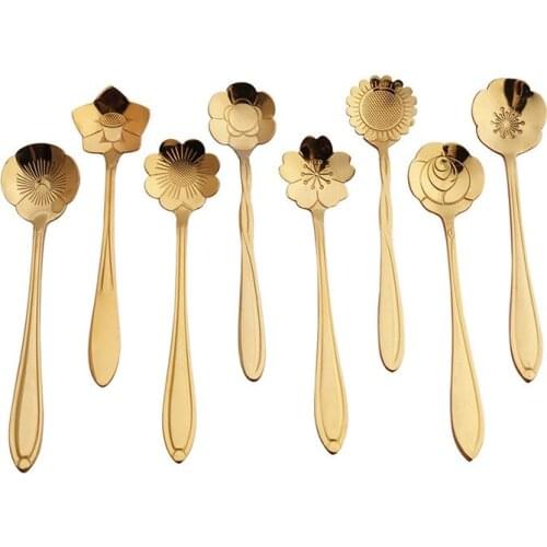 Flowers Design Gold Spoon Long Handle Dessert Tea Coffee Mixing Spoon Stainless Steel Vintage Teaspoons Drink Tableware
