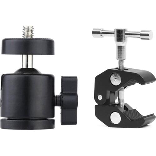 1 Pcs Mini Ball Head 1/4 Inch Mount for Camera Tripod & 1 Pcs Super Clamp with 1/4Inch-20 and 3/8Inch-16 Thread