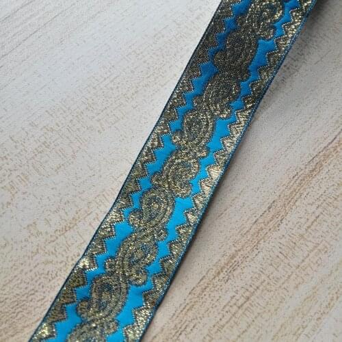 3.3cm 33mm 1-3/8'' Filigree Golden Metallic Turquoise Blue Paisley Ethnic Ribbon Bedding Laciness National Jacquard Webbing Lace